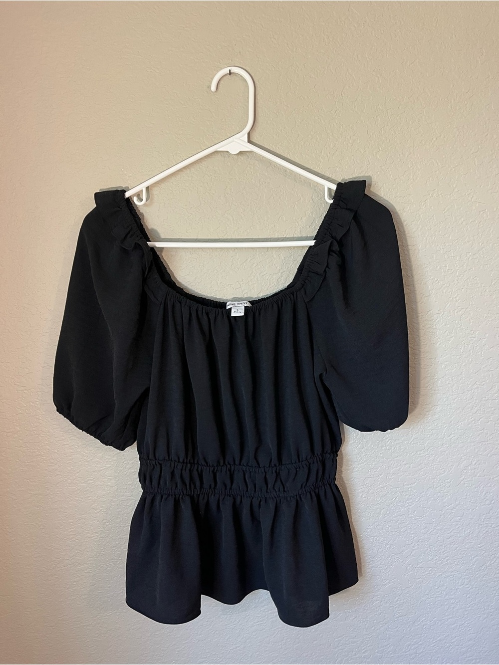Nine West Black Peasant Blouse Puff Sleeve Smocked Waist Ruffle S Feminine Fall
